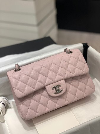 Ch*el classic handbag grained calfskin & silver-tone metal pink 6 × 9.9 × 2.5 in