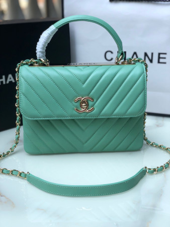 Ch*el flap bag with top handle blue silver 6.6 × 9.8 × 4.7 in