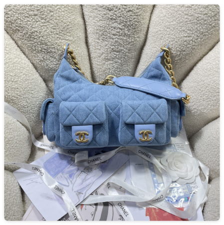 ch*el cruise 2024/25 large hobo bag washed De*1m & gold-tone metal blue 22x 31x 15cm