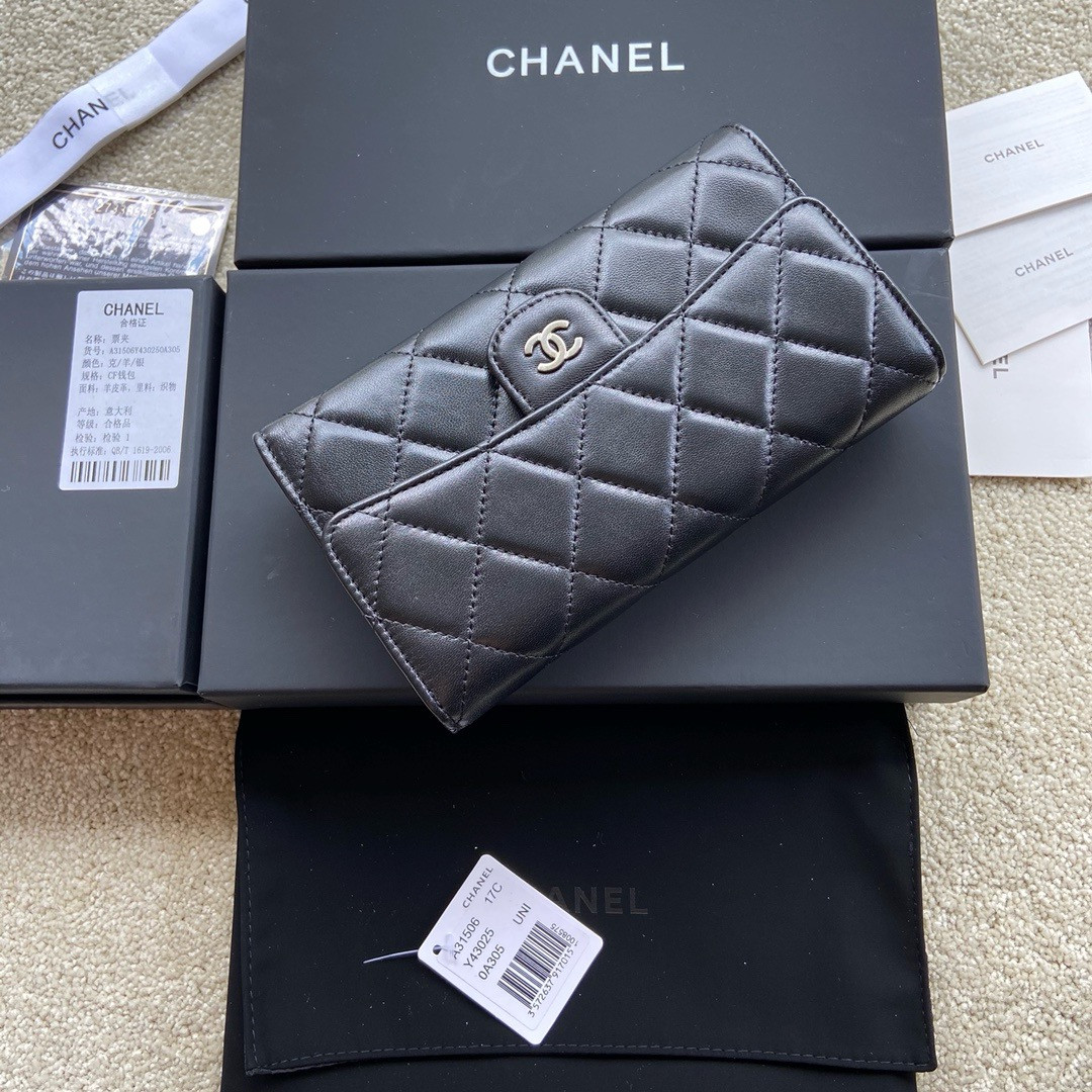 Ch*el flap wallet black silver 19.5 x10 cm
