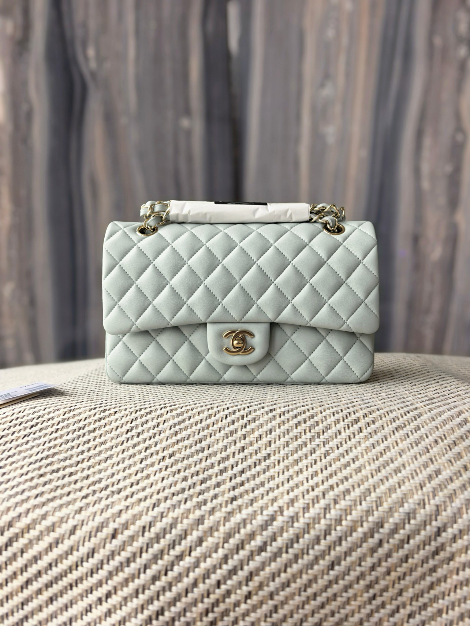 Ch*el classic flap bag light blue with light gold hardware 15.5x25.5x6.5cm