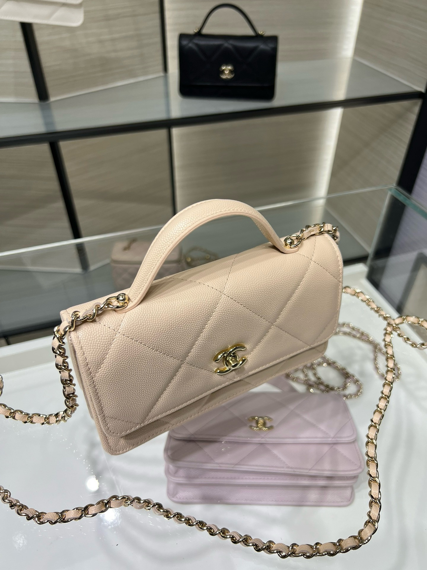Ch*el flap bag with top handle wallet on chain 11x18.5x6cm