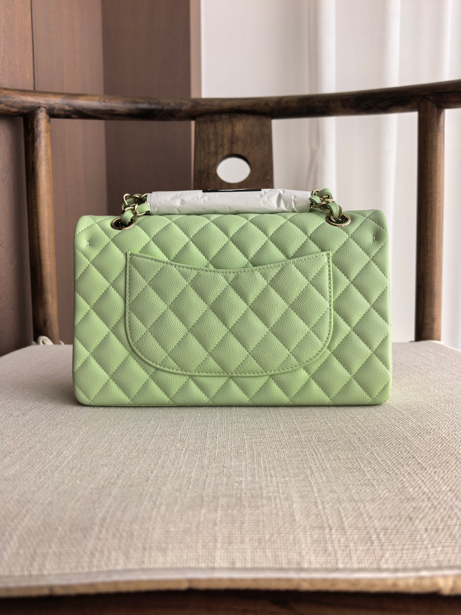 Ch*el classic flap mint green bag with light gold hardware a01112 15.5x25.5x6cm
