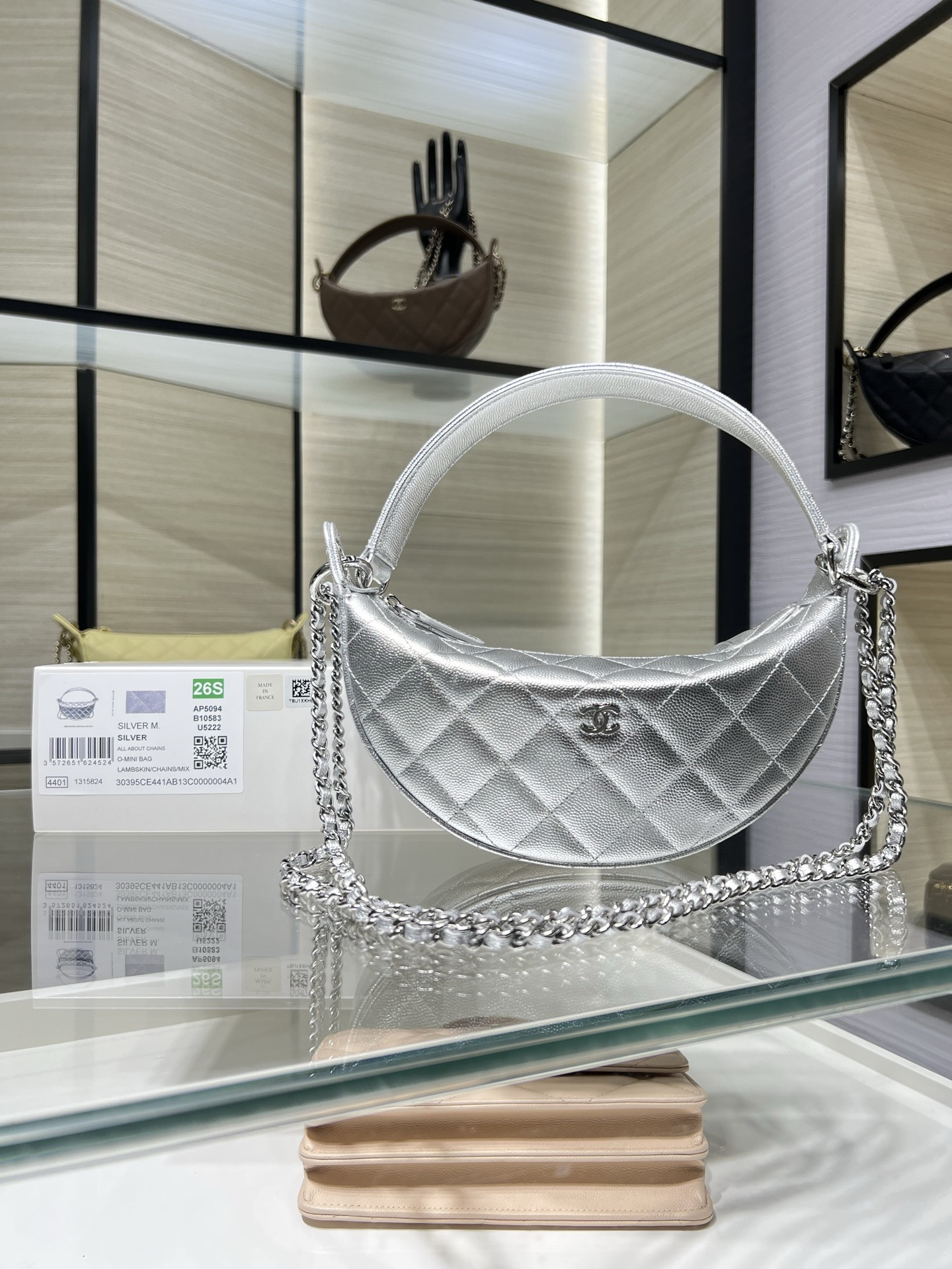 Ch*el clutch with chain silver hardware ap5094 15x22x6cm