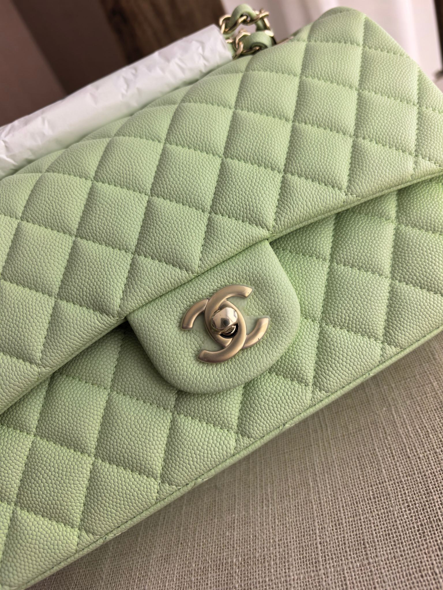 Ch*el classic flap mint green bag with light gold hardware a01112 15.5x25.5x6cm