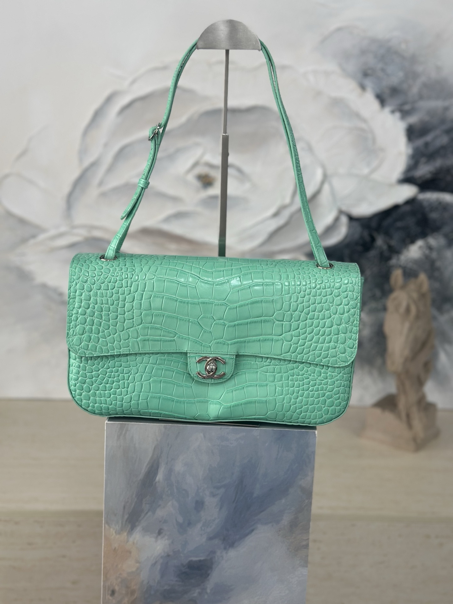 Ch*el maxi flap bag glacier blue silver hardware as6231 19.5x32x10cm