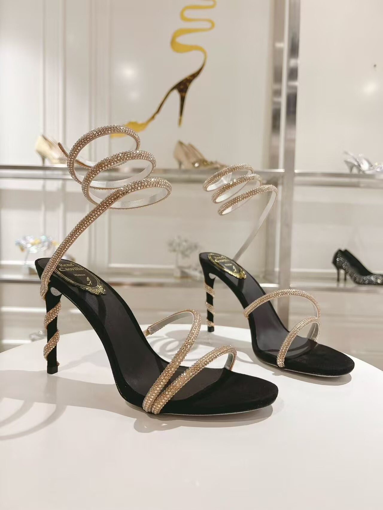 ua renÉ Ca0v1LLa margot black jewel sandals snake 95mm