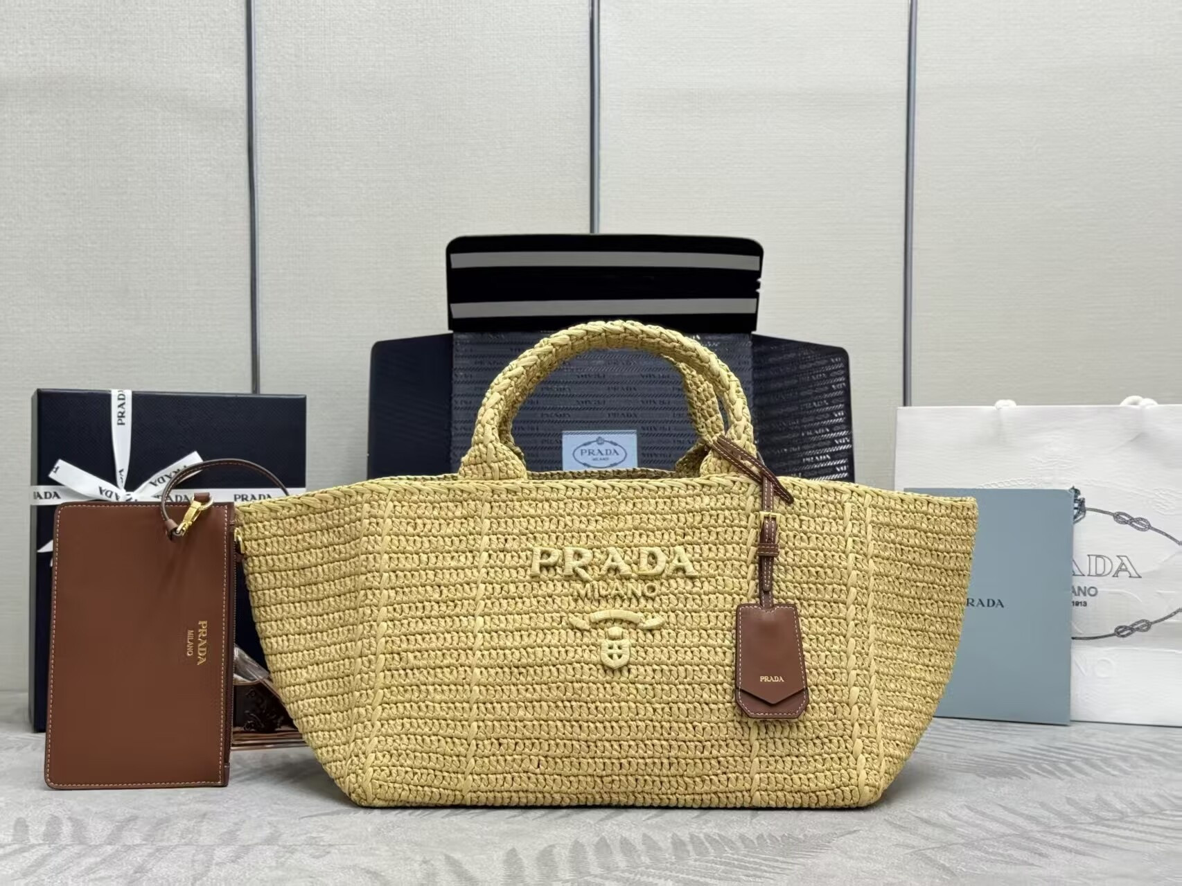 Pra*a large crochet tote bag with leather details without box 23.5x35x22cm