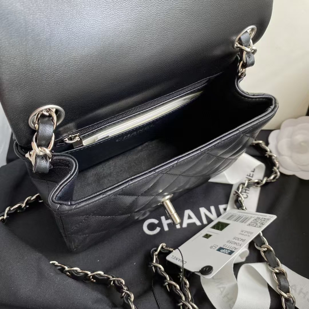 Ch*el mini classic handbag lambskin & silver-tone metal black 13.5x 17x8cm