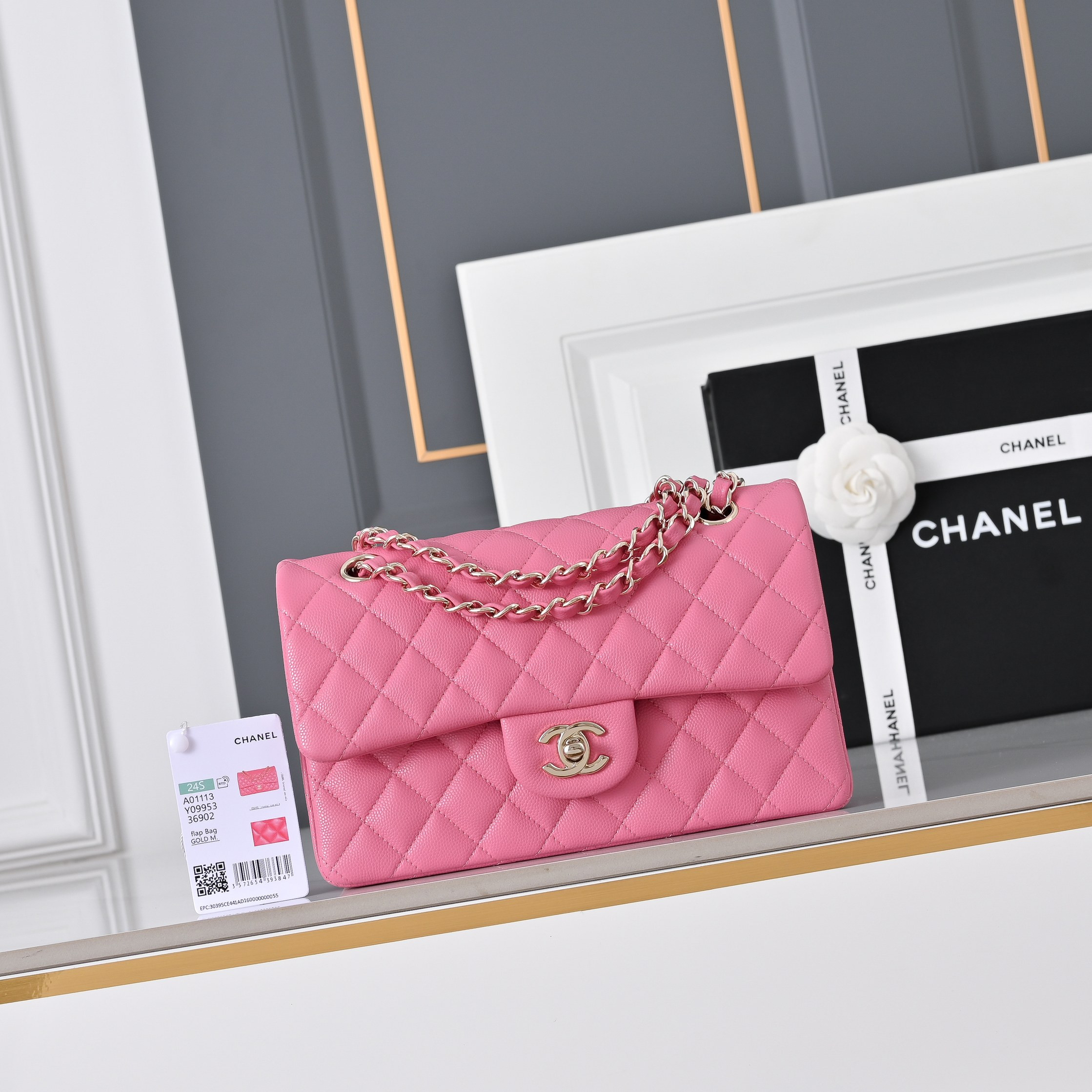 Ch*el classic flap handbag rose with light gold hardware and caviar leather a01113 23x14.5x6cm
