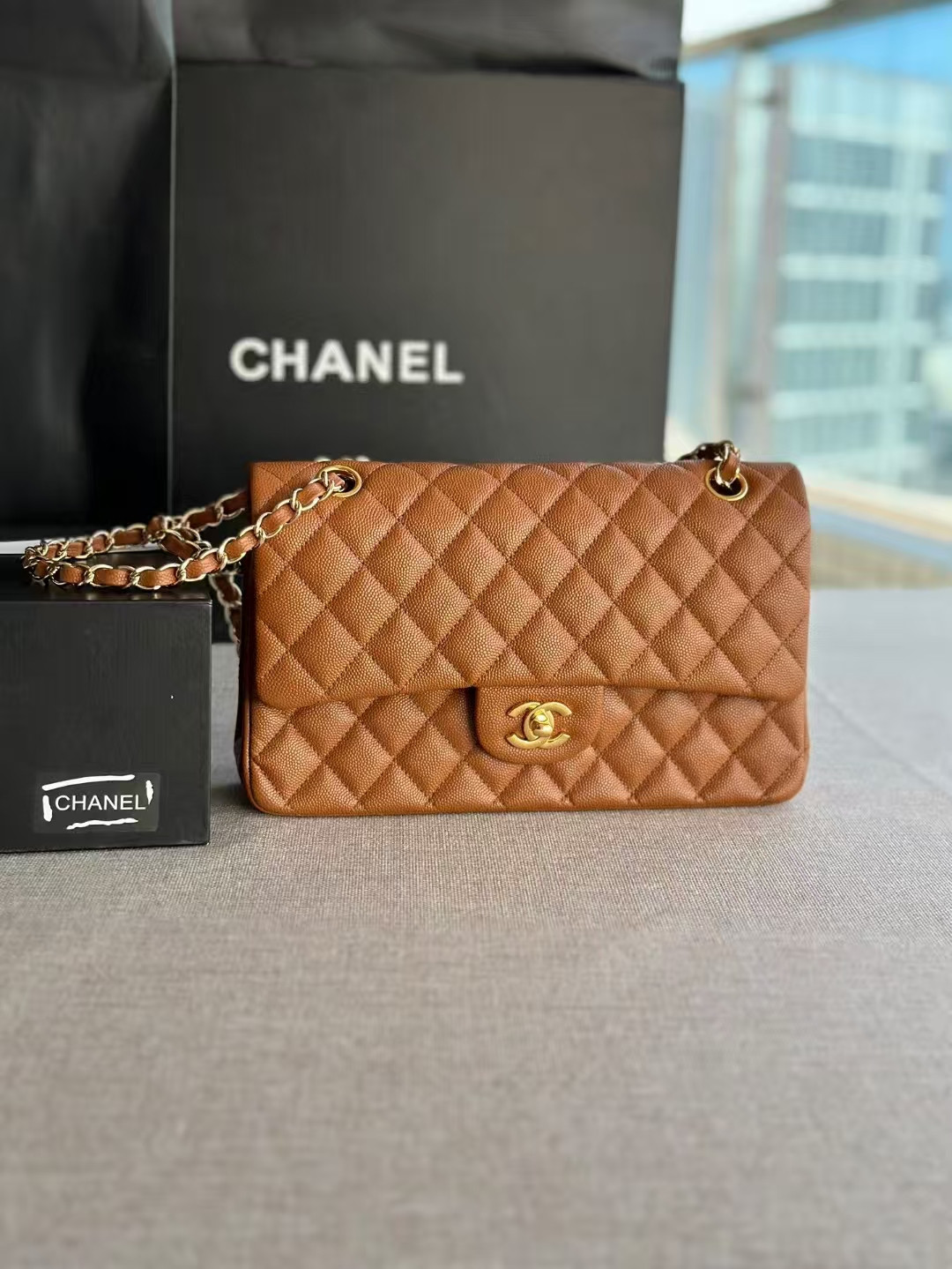 Ch*el small classic handbag grained calfskin 14.5×23×6cm