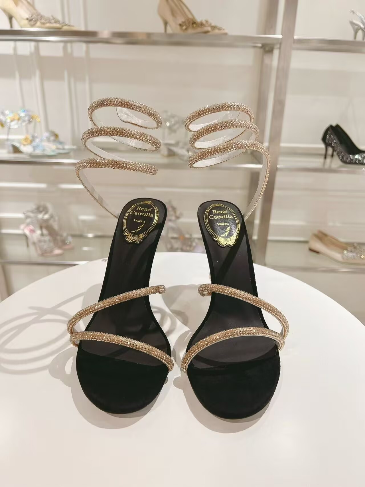 ua renÉ Ca0v1LLa margot black jewel sandals snake 95mm