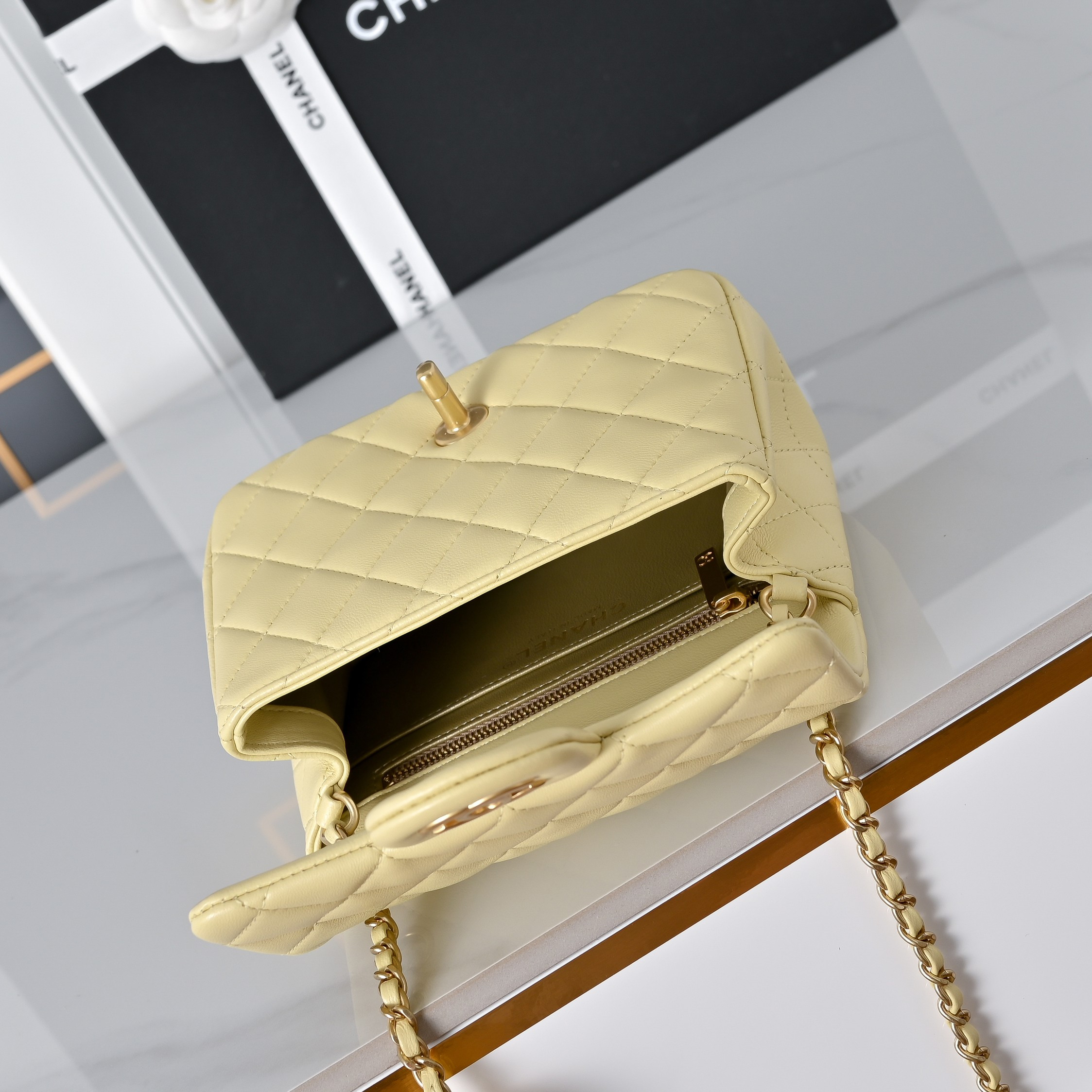 Ch*el mini flap bag butter yellow as1786 13.5x17x8cm