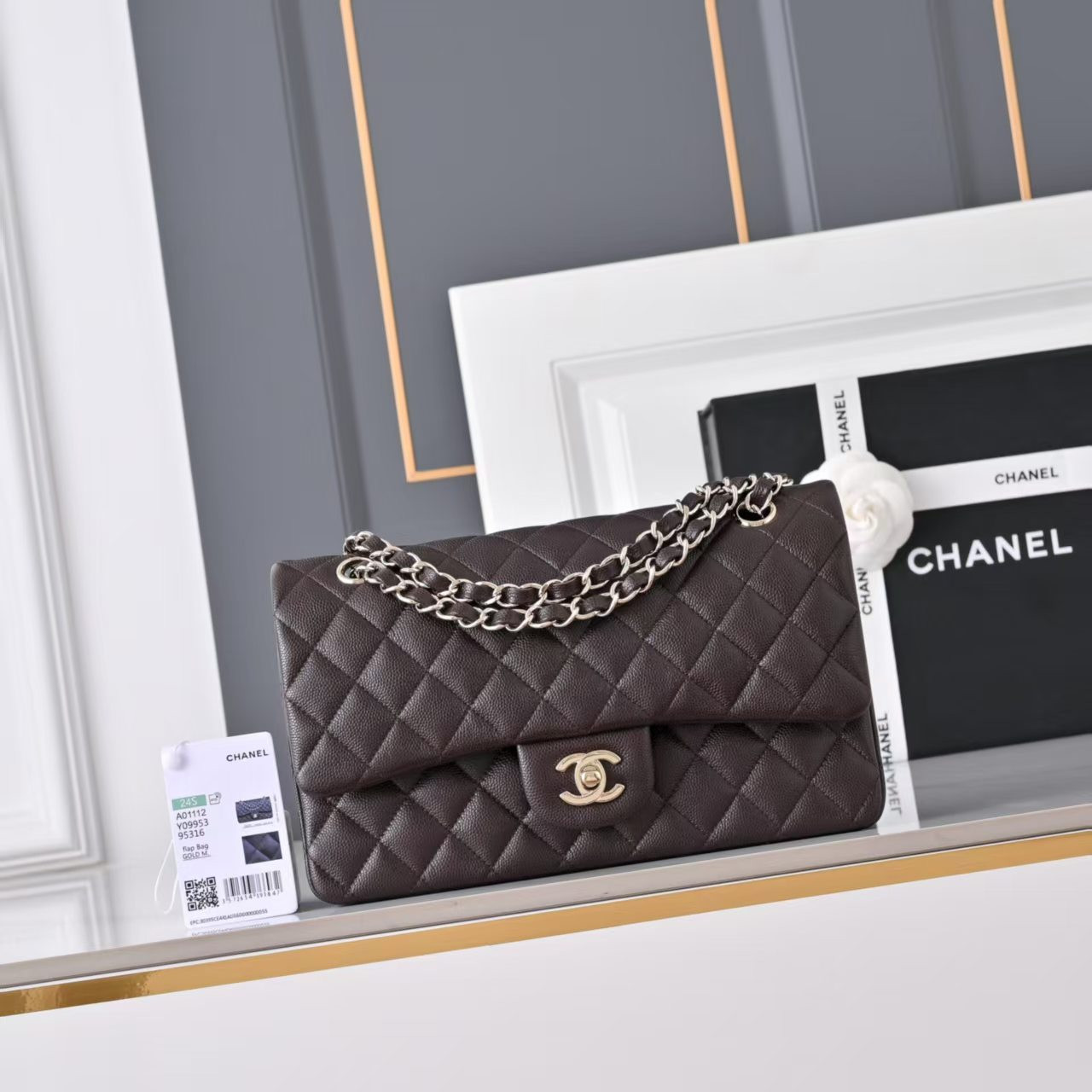 Ch*el classic flap coffee brown light gold hardware a01112 15.5×25.5×6.5cm