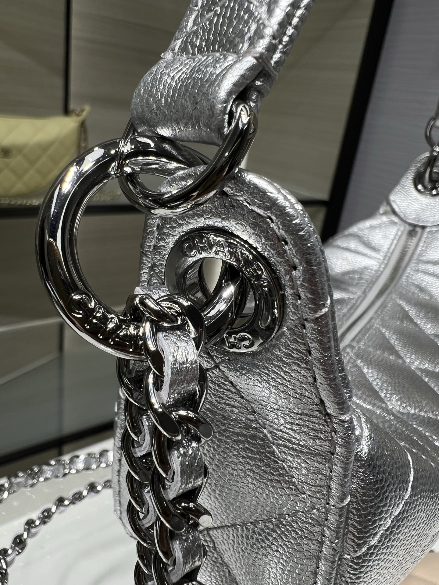 Ch*el clutch with chain silver hardware ap5094 15x22x6cm