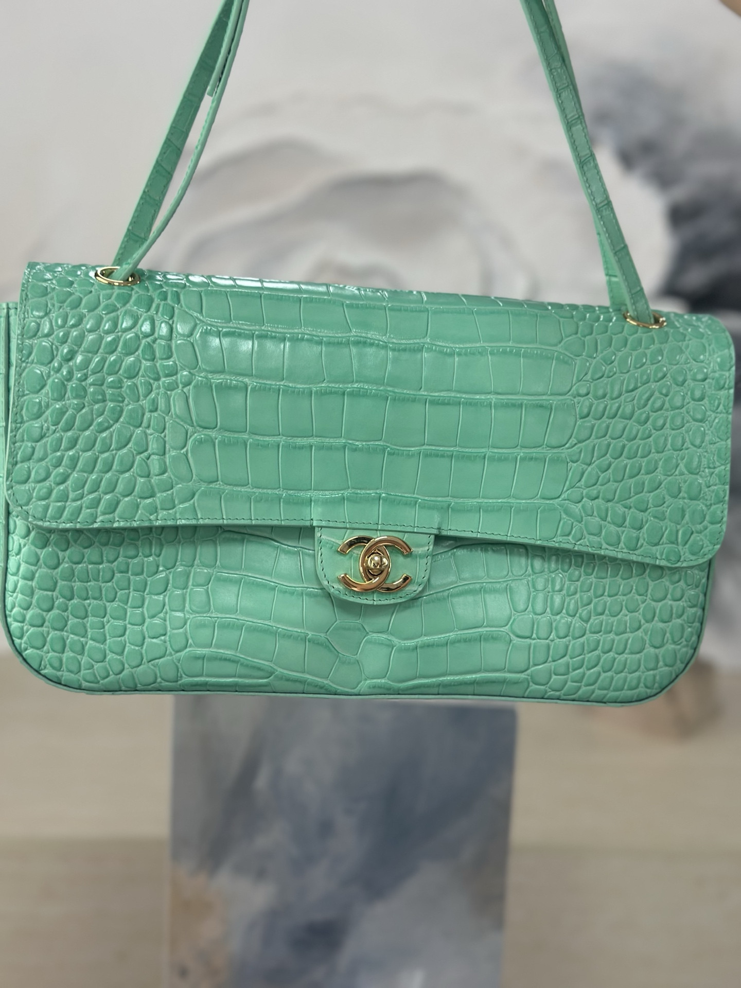 Ch*el maxi flap bag glacier blue gold hardware as6231 19.5x32x10cm