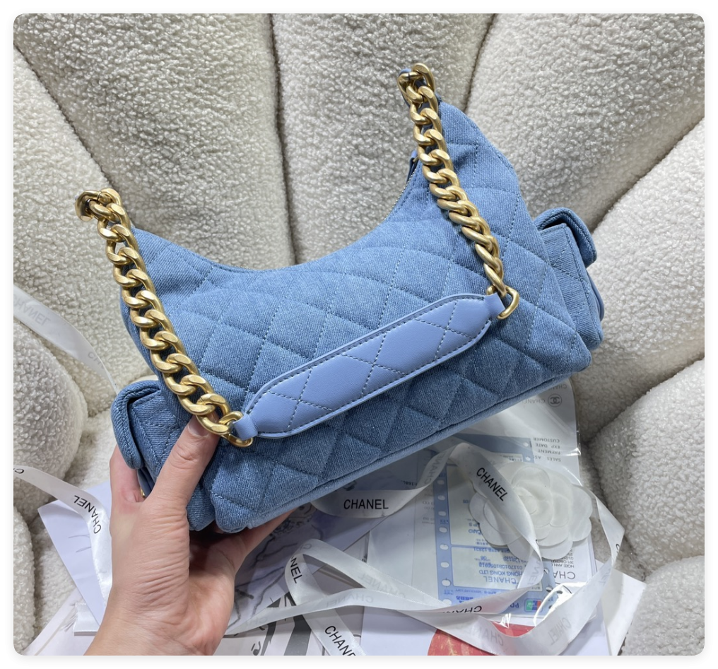 ch*el cruise 2024/25 large hobo bag washed De*1m & gold-tone metal blue  22x 31x 15cm