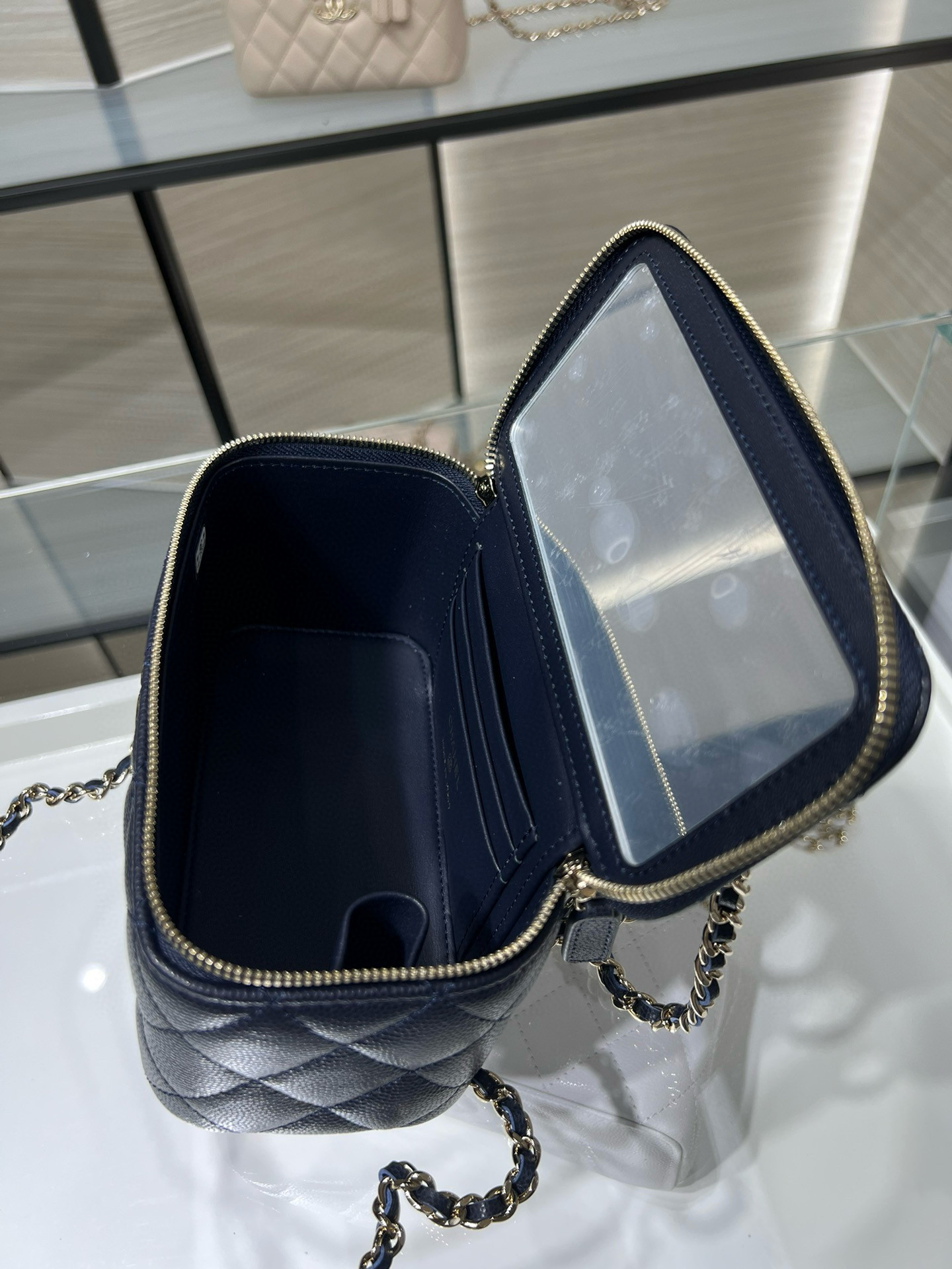 Ch*el clutch with chain deep blue ap4590 17x9.5x8cm