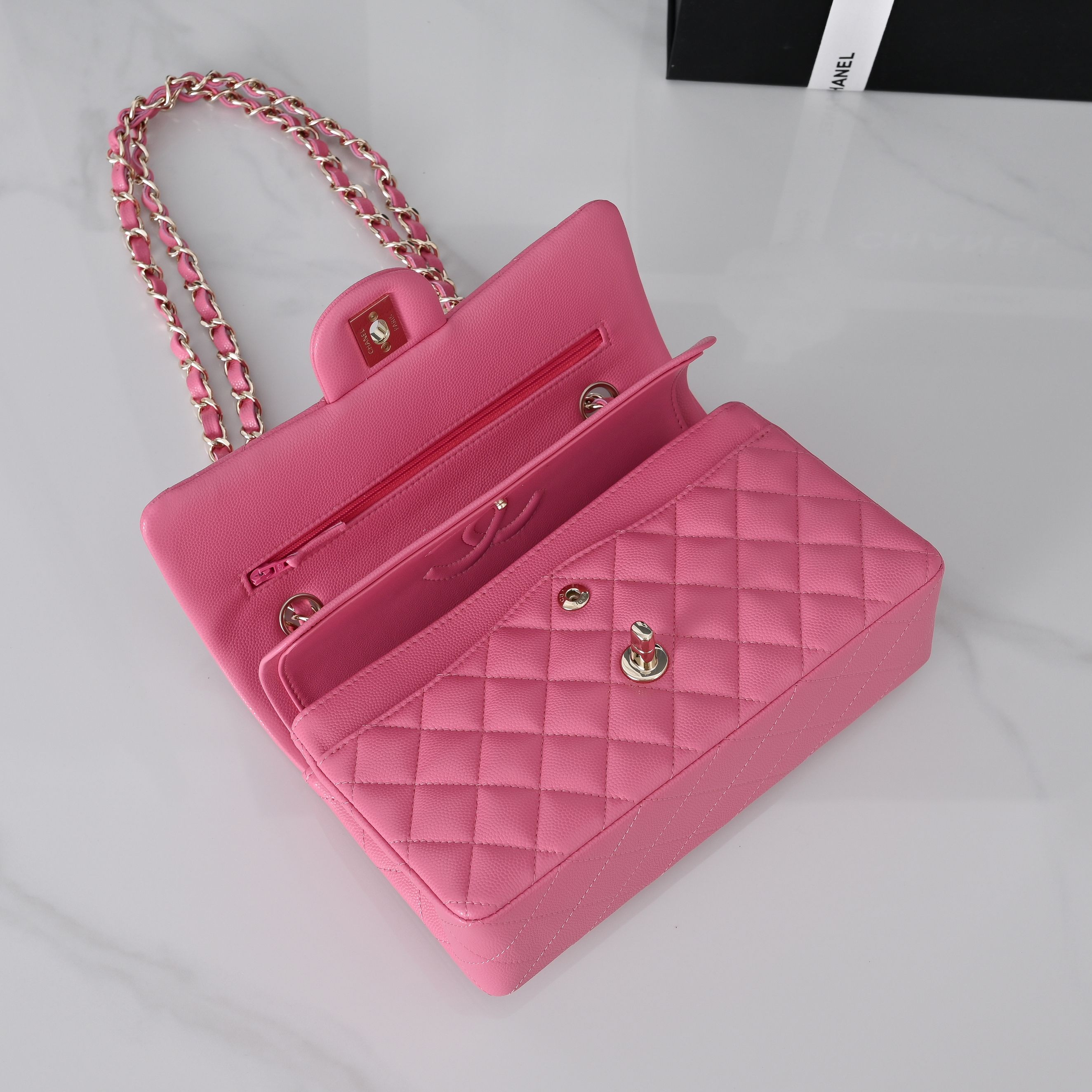 Ch*el classic flap handbag rose with light gold hardware and caviar leather a01113 23x14.5x6cm