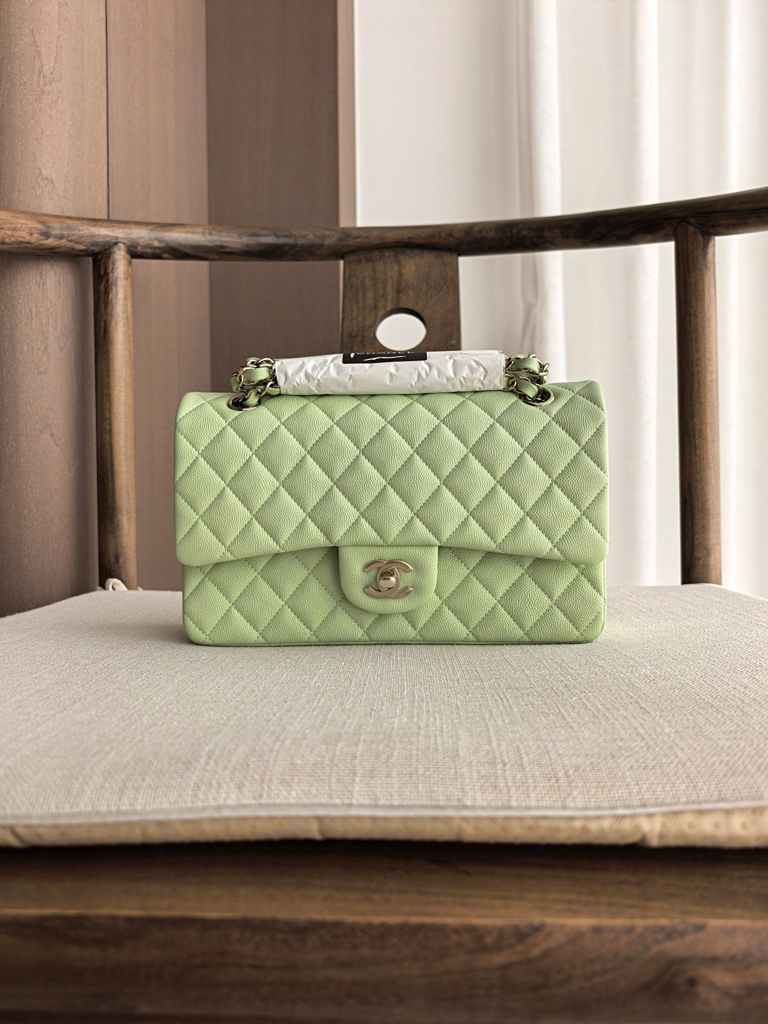 Ch*el classic flap mint green bag with light gold hardware a01112 15.5x25.5x6cm