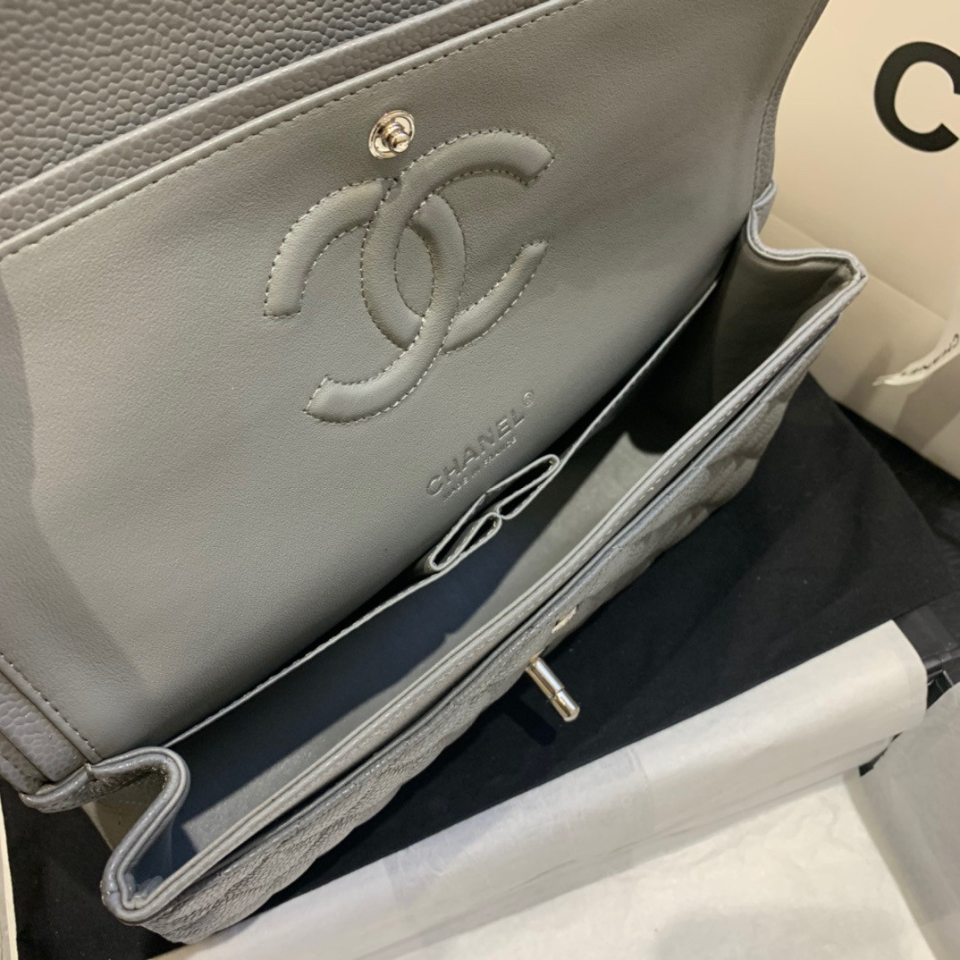 Ch*el classic handbag in grained litchi pattern calfskin & silver-tone metal, gray 6 × 9.9 × 2.5 inches
