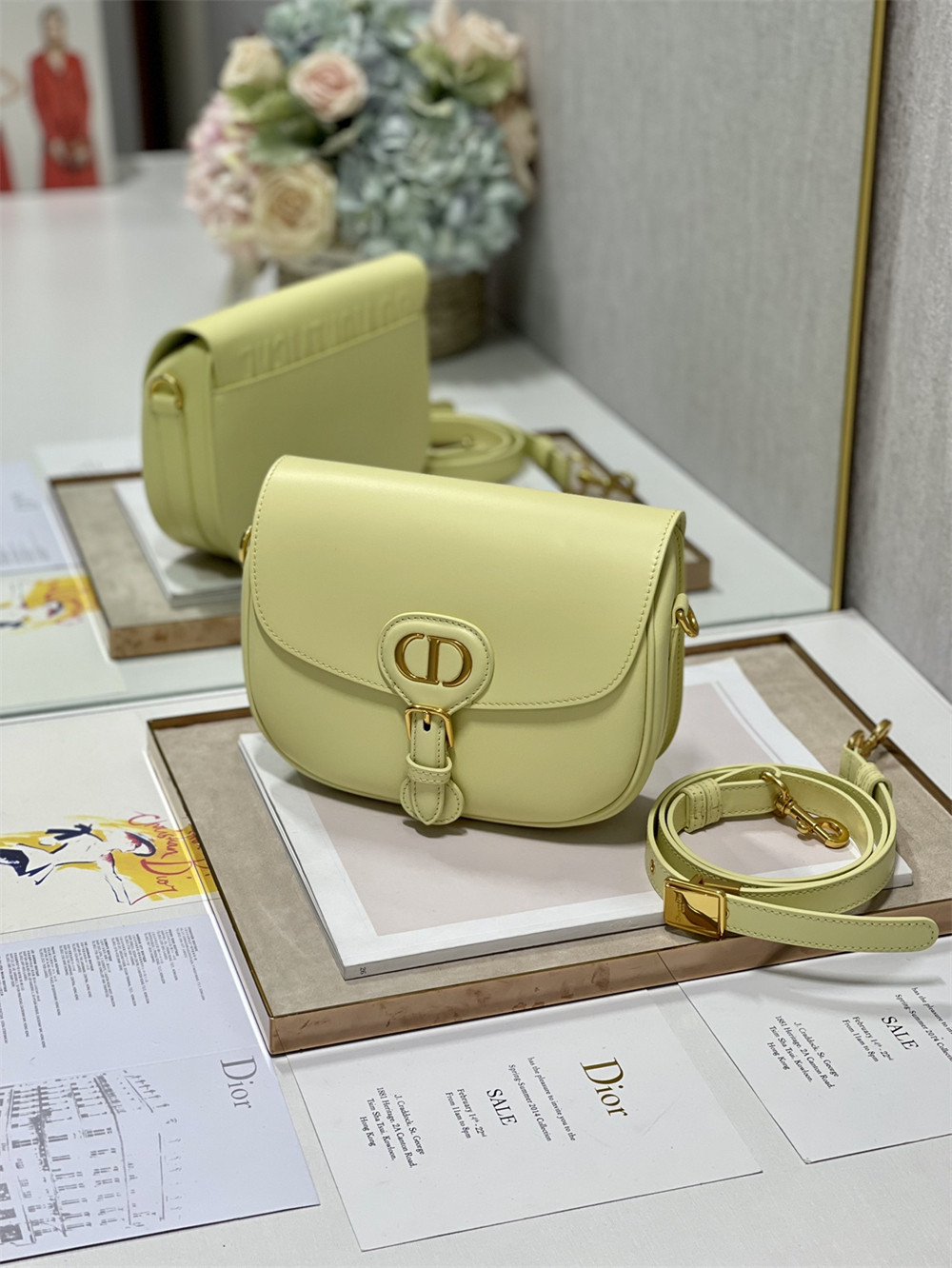 medium D*or bobby bag light green box calfskin