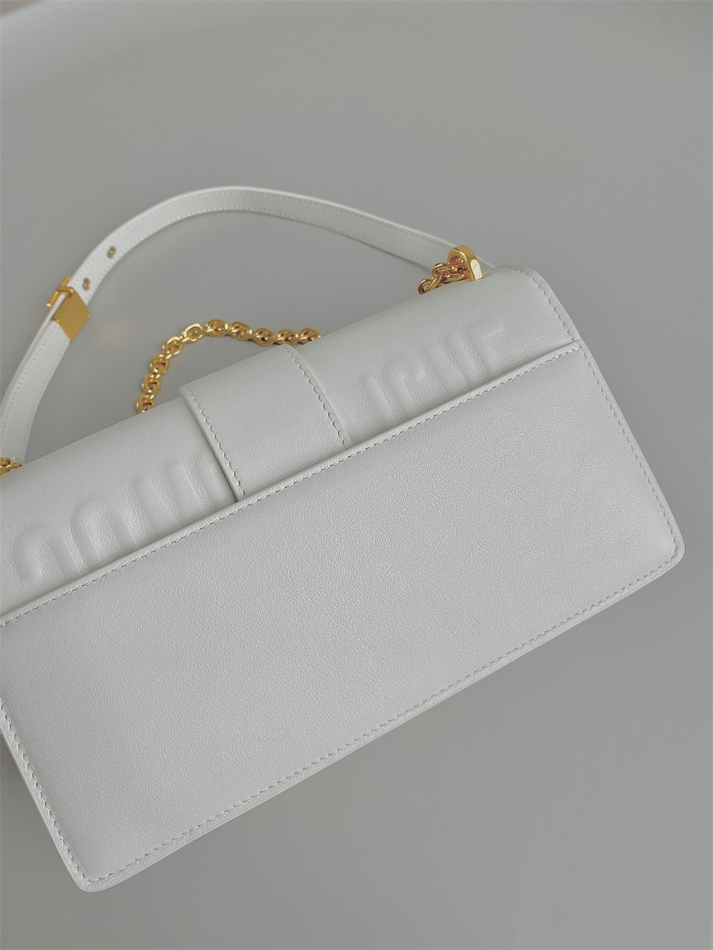 D*or 30 montaigne east-west bag with chain latte calfskin 21 x 12 x 6 cm / 8.5 x 4.5 x 2.5 inches