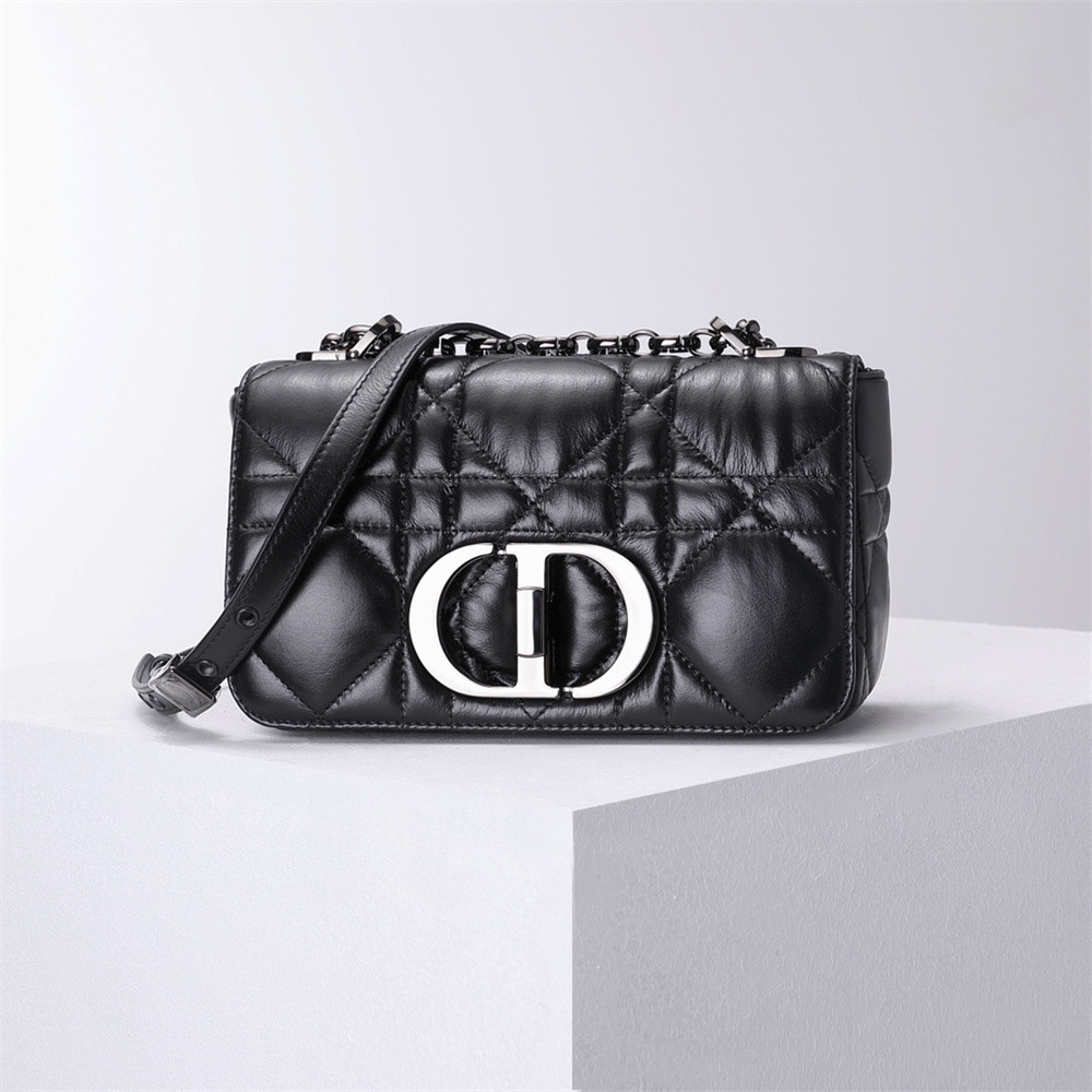 d*or caro bag black S*pple cannage calfskin with silver hardware 20x12x7cm