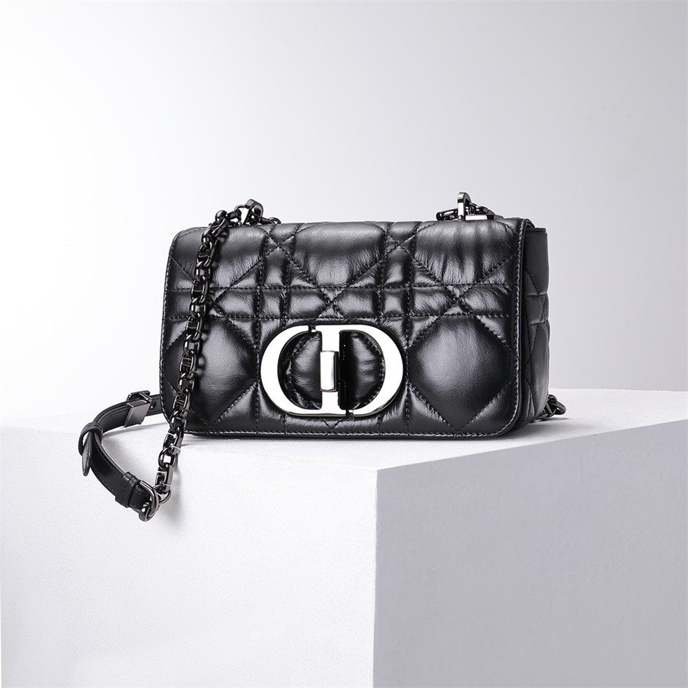 d*or caro bag black S*pple cannage calfskin with silver hardware 20x12x7cm