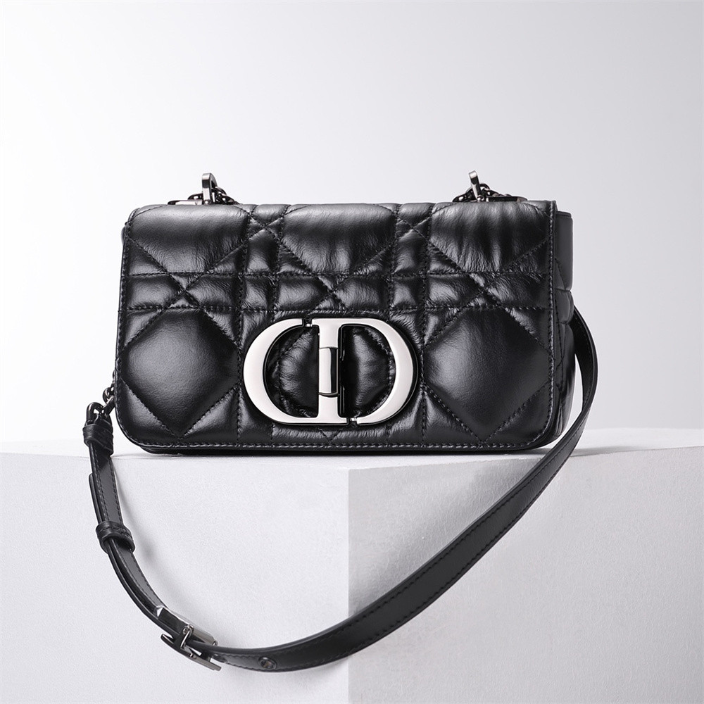 d*or caro bag black S*pple cannage calfskin with silver hardware 20x12x7cm