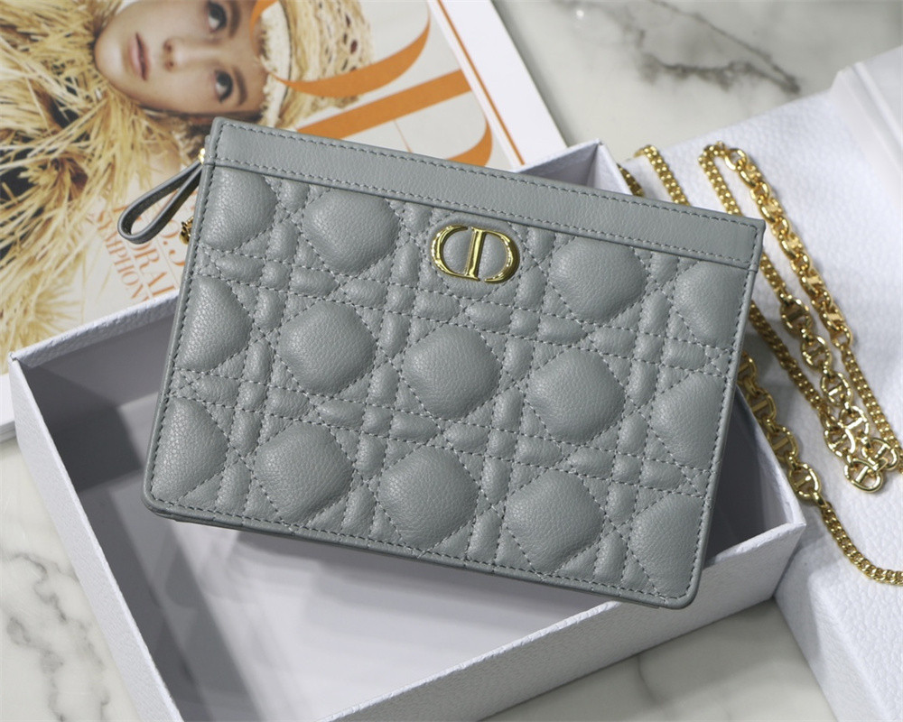 d*or caro zipped pouch with chain grey S*pple cannage calfskin 19 x 14 x 4.5 cm
