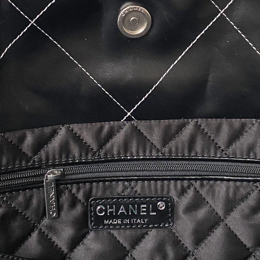 Ch*el 22 handbag shiny calfskin silver 15.2×16.4×3.1 in