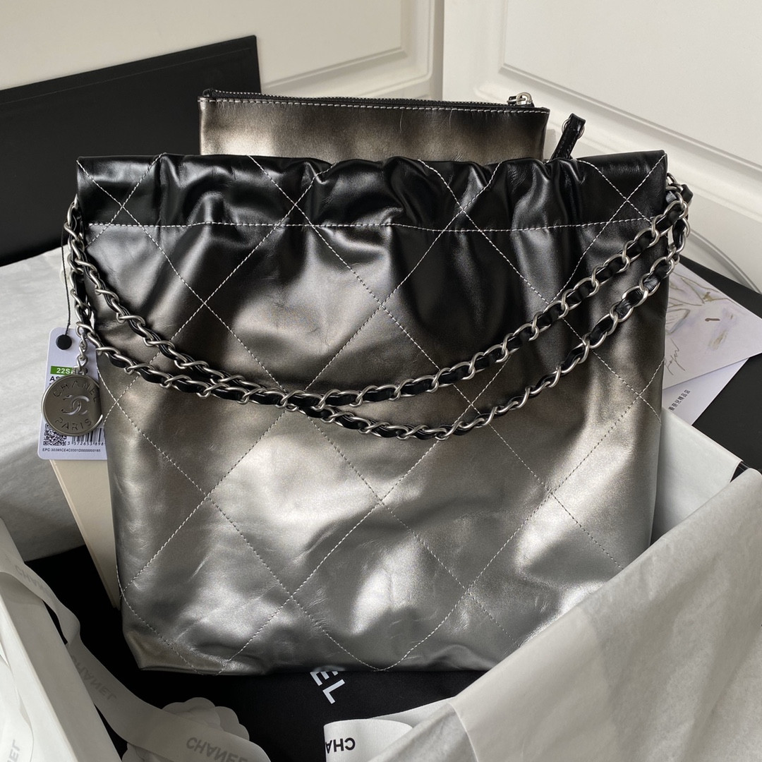 Ch*el 22 small handbag shiny calfskin silver 13.7×14.4×2.7 in