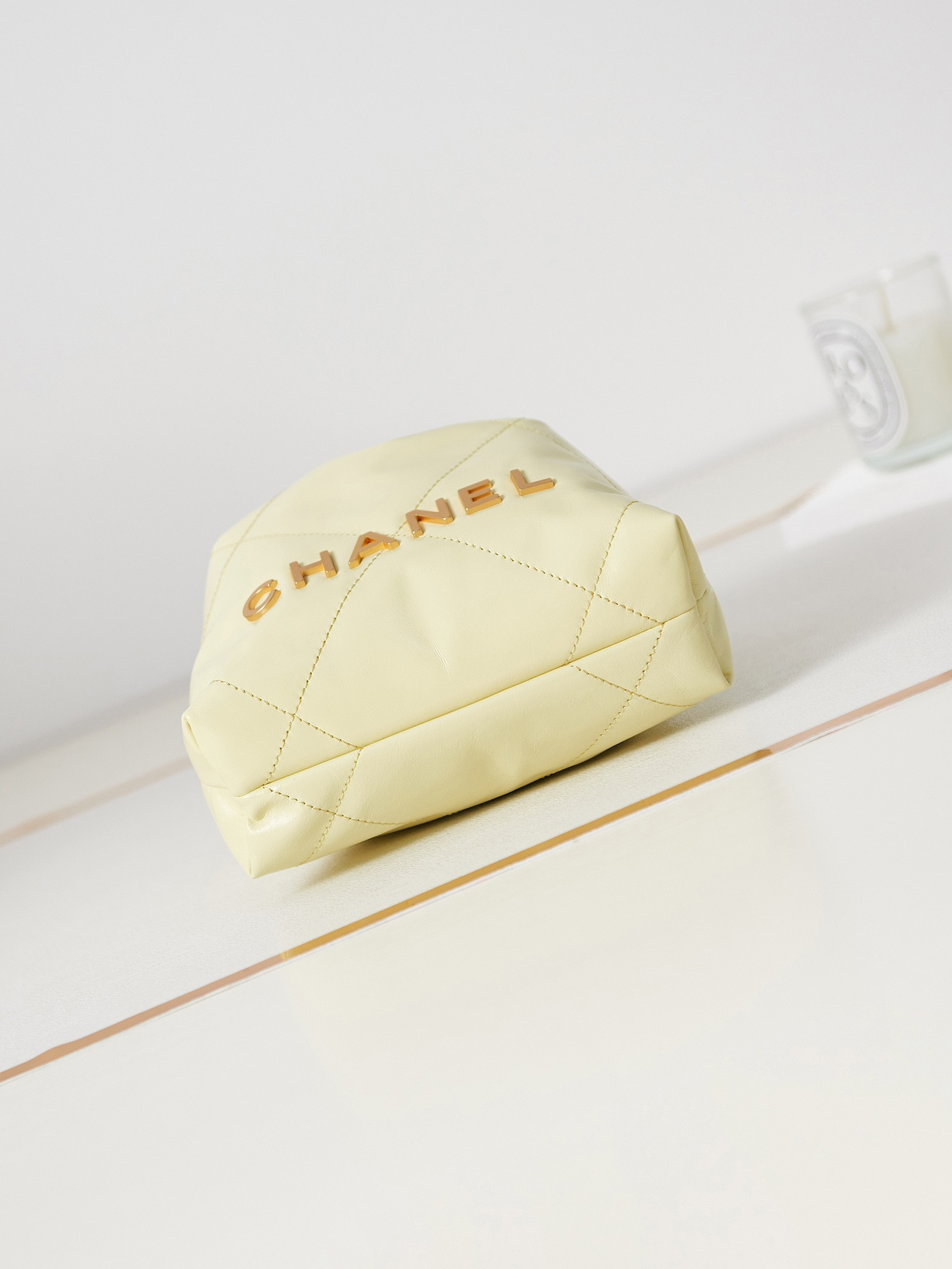 Ch*el 22 mini handbag shiny calfskin yellow 7.8 × 7.4 × 2.3 in
