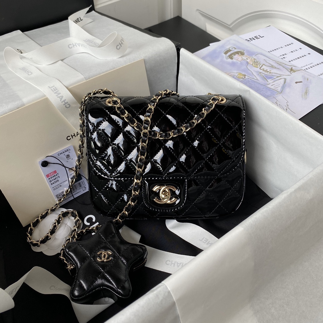 Ch*el mini flap bag & star coin purse black 5.9 × 7.8 × 2.5 in