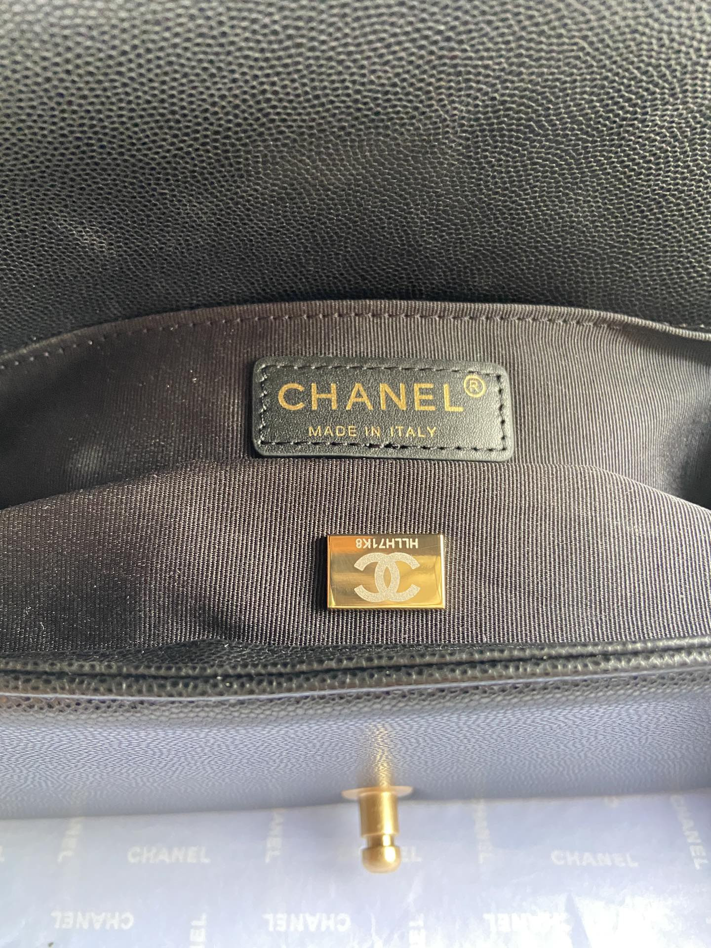 boy Ch*el handbag shiny grained calfskin black 5.9 × 9.8 × 3.5 in