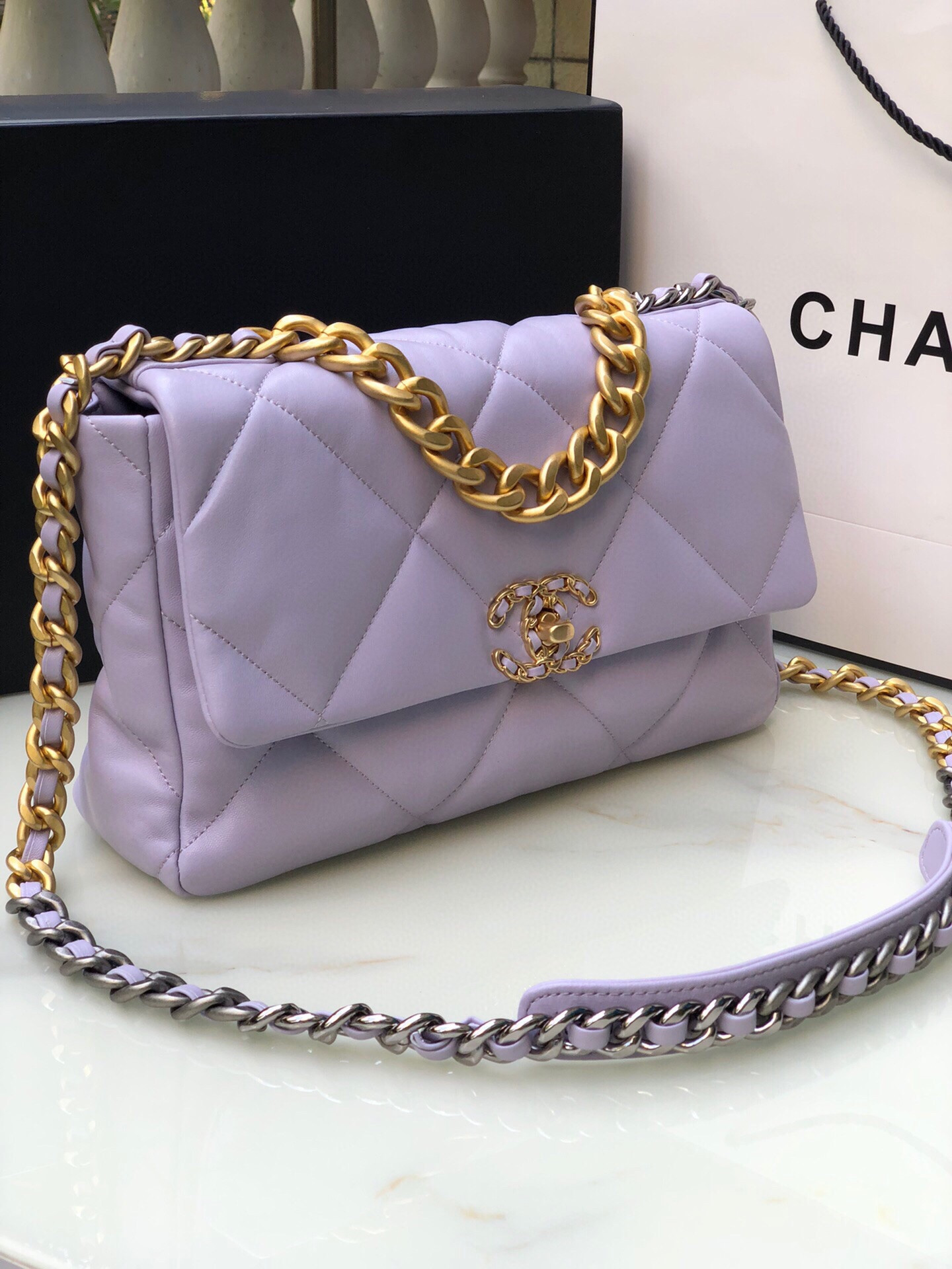 Ch*el 19 large handbag shiny leather, gold-tone, silver-tone & ruthenium-finish metal purple 7.8 × 11.7 × 3.9 in