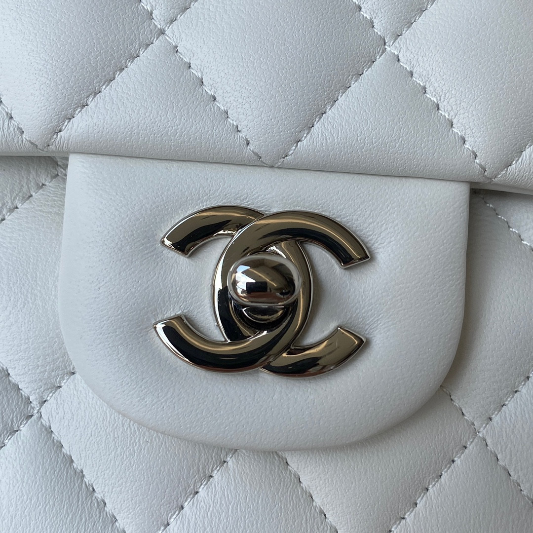 Ch*el classic handbag lambskin & silver-tone metal white 15.5x25.5x6.5cm