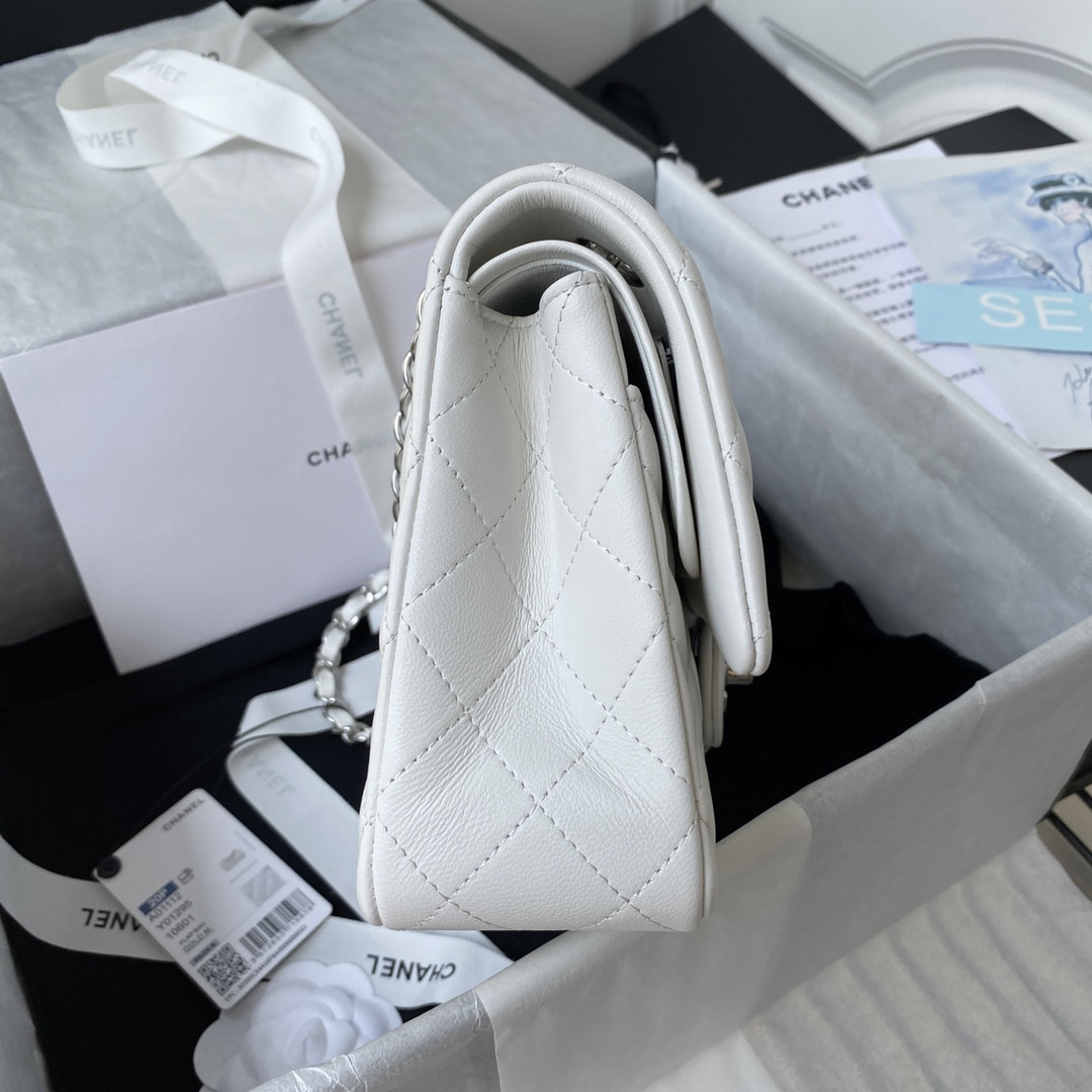 Ch*el classic handbag lambskin & silver-tone metal white 15.5x25.5x6.5cm