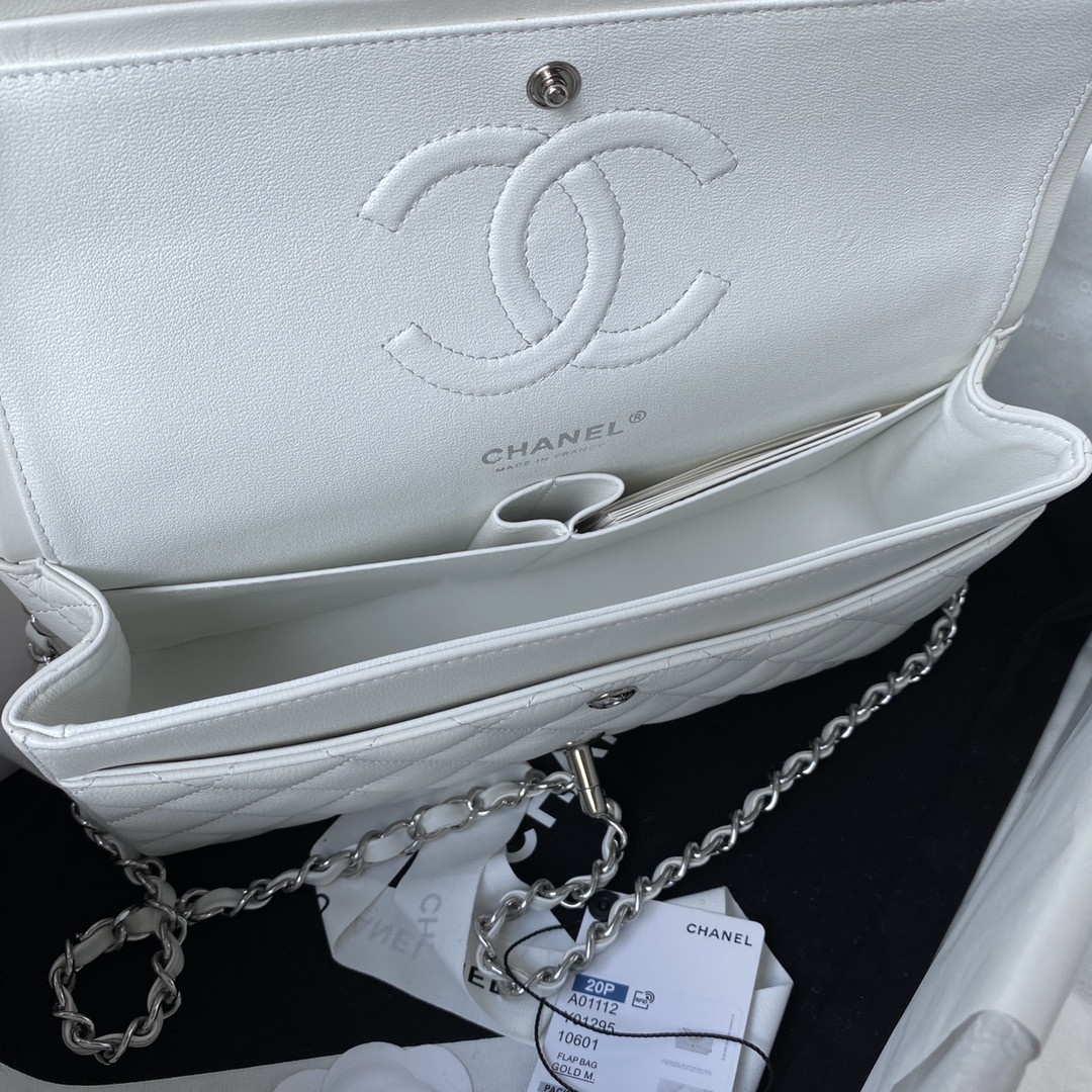 Ch*el classic handbag lambskin & silver-tone metal white 15.5x25.5x6.5cm