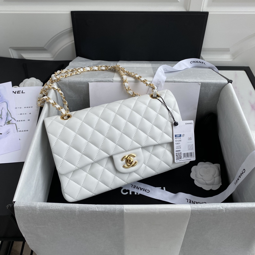 Ch*el classic handbag lambskin & gold-tone metal white 15.5x25.5x6.5cm