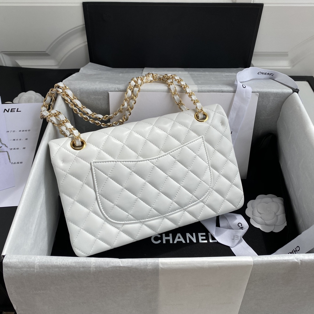 Ch*el classic handbag lambskin & gold-tone metal white 15.5x25.5x6.5cm