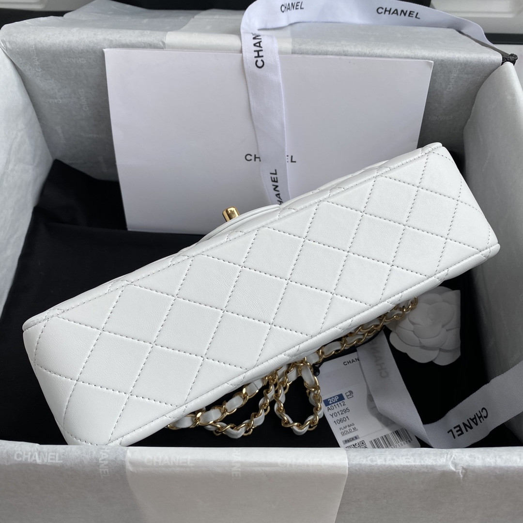 Ch*el classic handbag lambskin & gold-tone metal white 15.5x25.5x6.5cm