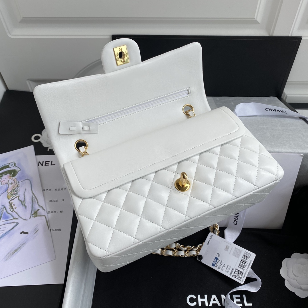 Ch*el classic handbag lambskin & gold-tone metal white 15.5x25.5x6.5cm