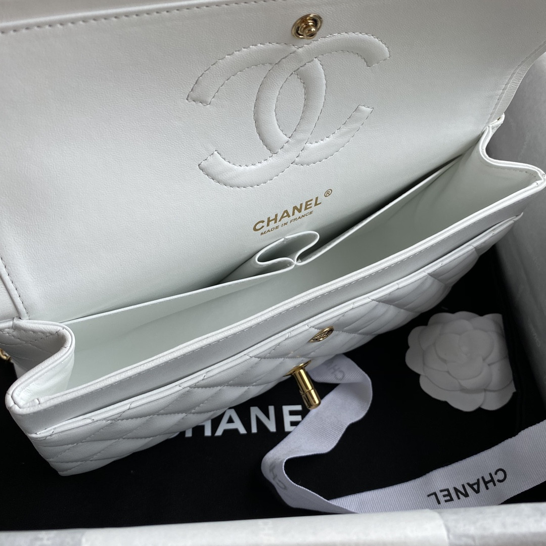 Ch*el classic handbag lambskin & gold-tone metal white 15.5x25.5x6.5cm