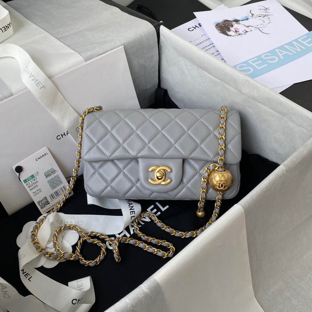 Ch*el mini flap bag shiny calfskin & gold-tone metal gray 4.7 × 7.8 × 2.3 in