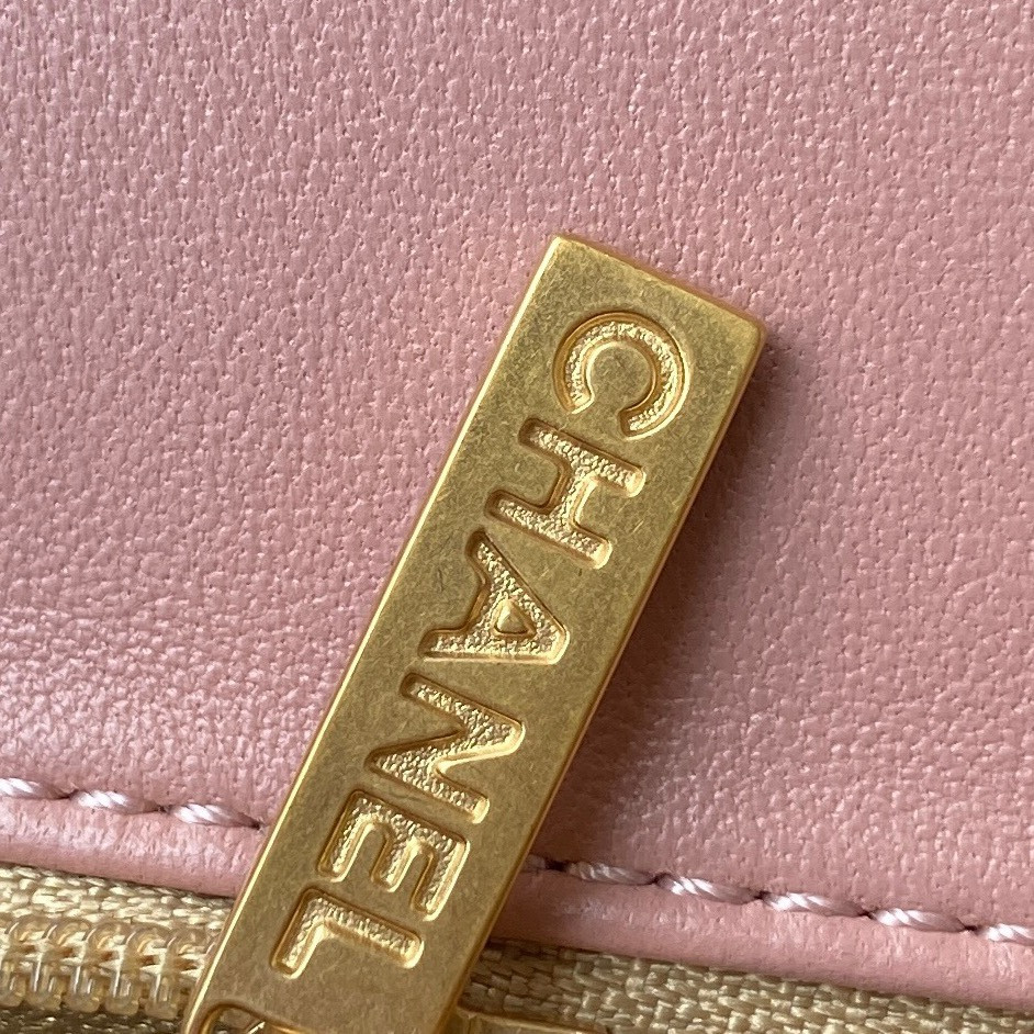 Ch*el mini flap bag shiny calfskin & gold-tone metal pink 4.7 × 7.8 × 2.3 in
