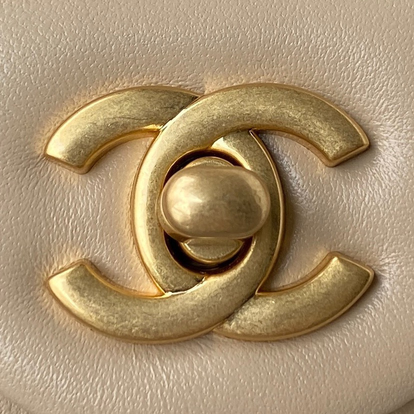Ch*el mini flap bag shiny calfskin & gold-tone metal light beige 4.7 × 7.8 × 2.3 in