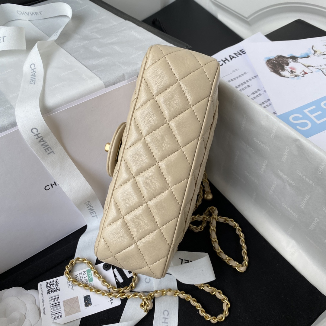 Ch*el mini flap bag shiny calfskin & gold-tone metal light beige 4.7 × 7.8 × 2.3 in