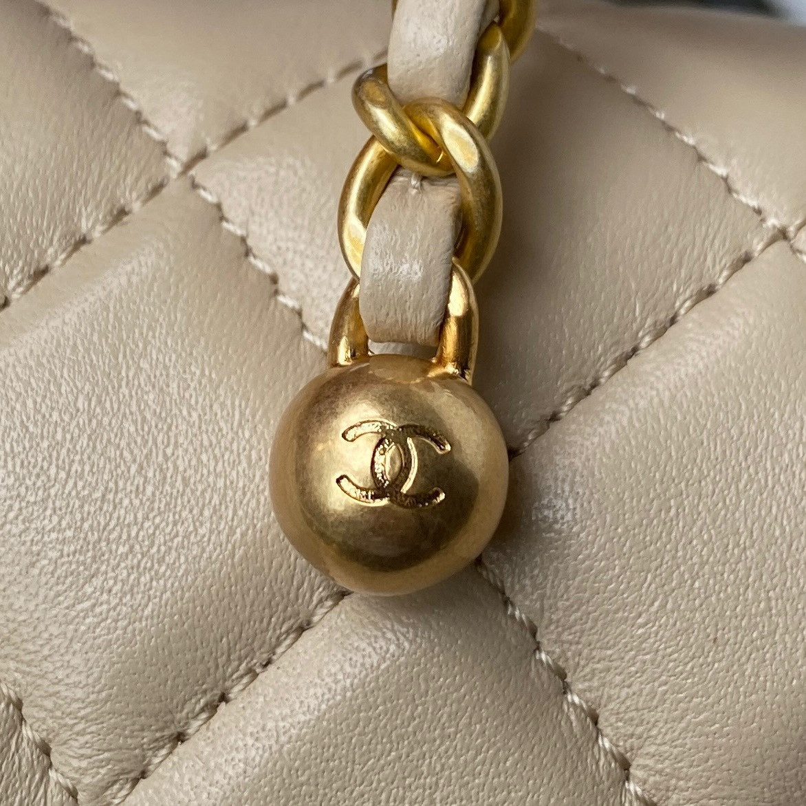 Ch*el mini flap bag shiny calfskin & gold-tone metal beige 5.3 × 6.6 × 3.1 in